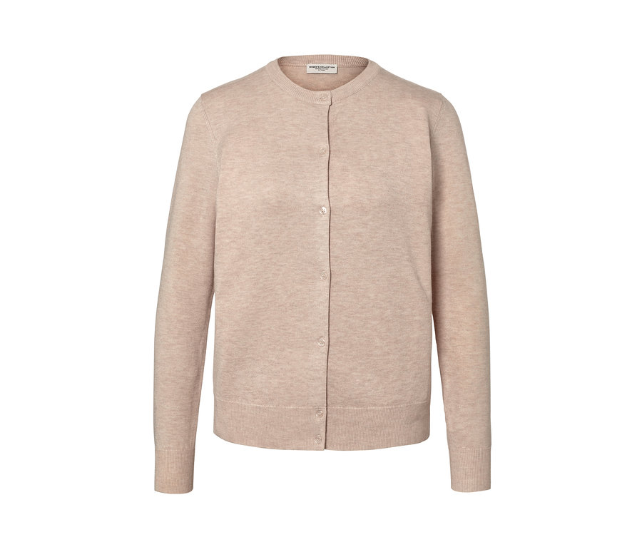 Un cardigan en maille fine beige clair avec des boutons.