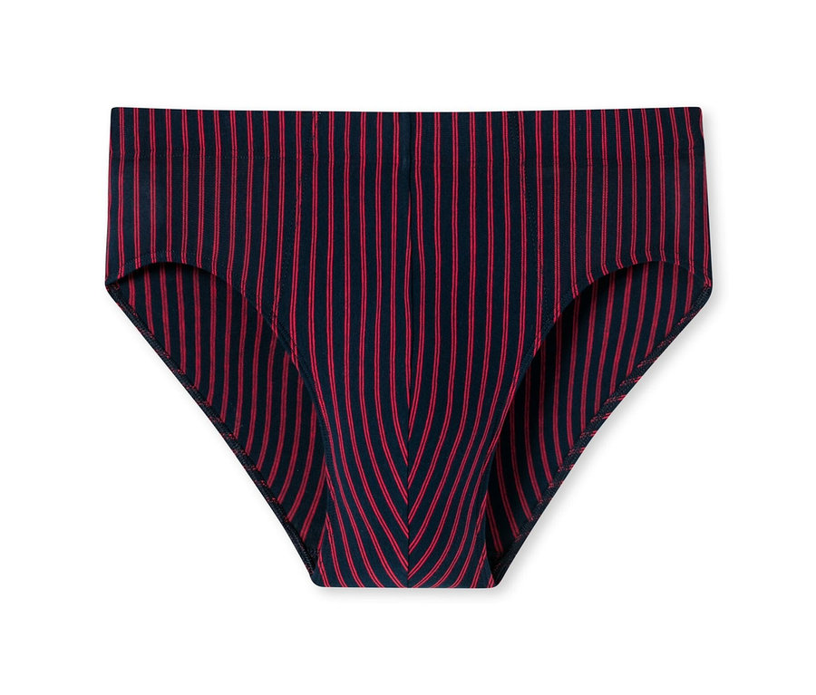 Supermini SCHIESSER rouge avec coton bio à fines rayures verticales sur fond blanc.