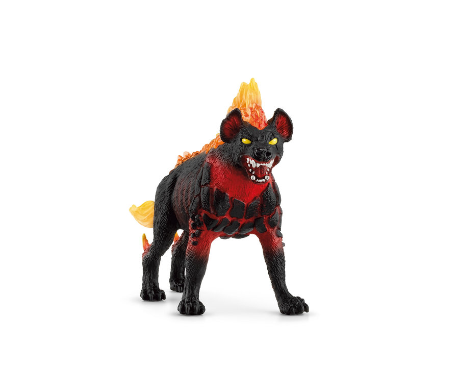 Une figurine Schleich Eldrador BattleCave Hyène de lave se dresse sur un fond blanc.
