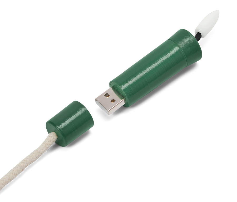 Bouteille lumineuse à LED « Candle » verte avec connecteur USB et câble.