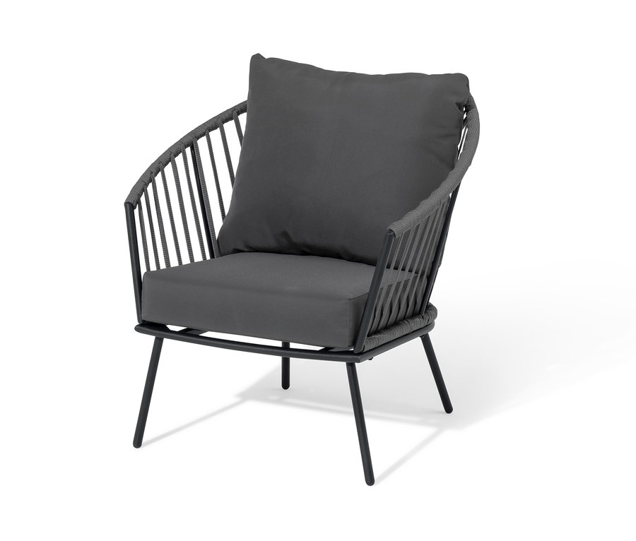 Fauteuil relax gris avec revêtement en tissu tressé et coussins sur l'assise et le dossier.