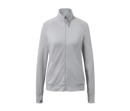 Une veste fonctionnelle blanche chinée avec fermeture éclair.