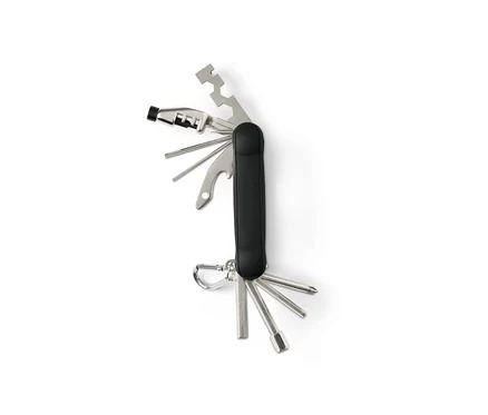 Outil multifonctionnel pour vélo déplié avec manche noir et outils argentés.