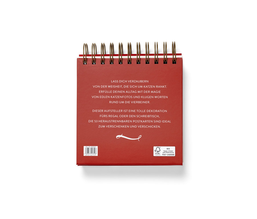 Calendrier de table rouge « Weisheiten für Katzenfreunde » avec spirale métallique dorée.