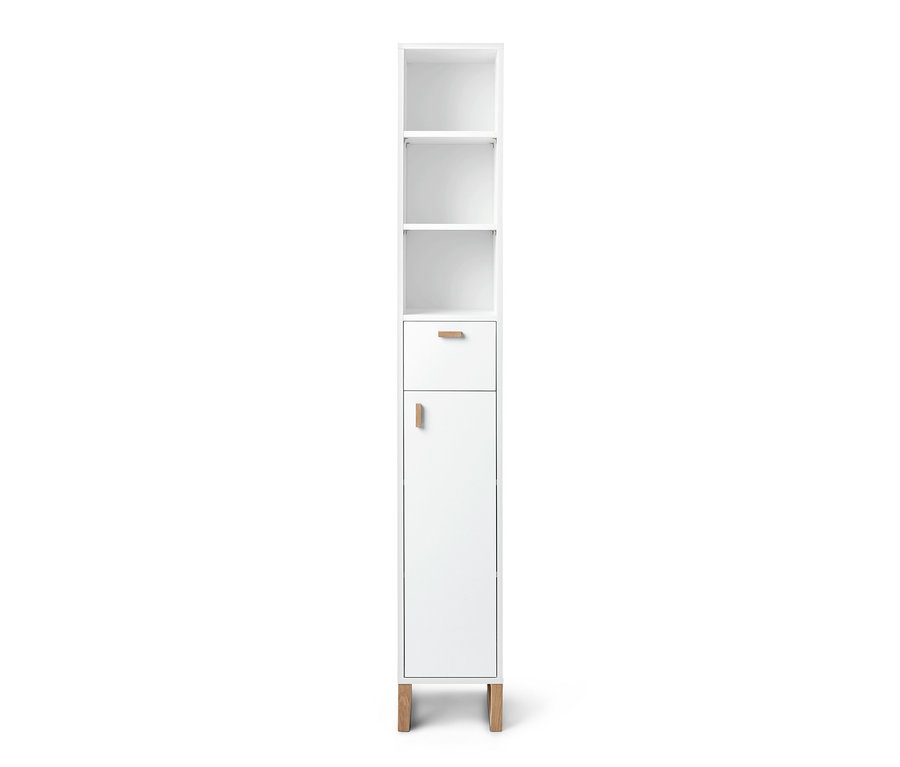 Armoire de salle de bain haute et étroite, blanche, avec des étagères ouvertes en haut, un tiroir au milieu et une porte en bas.