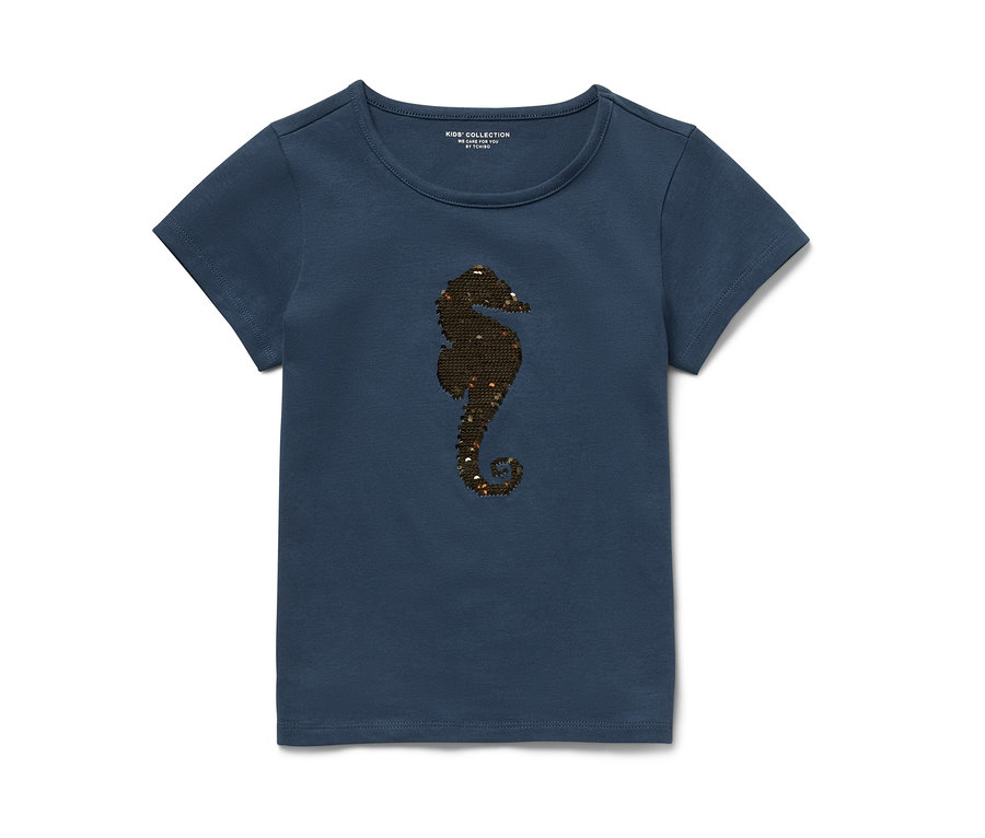 T-shirt bleu marine pour enfant avec motif pailleté représentant un hippocampe.