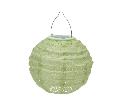 Un lampion solaire vert avec une poignée en métal.