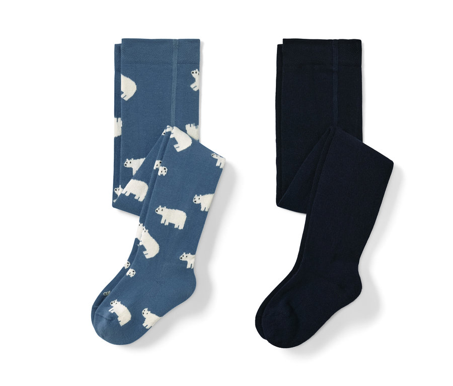 Deux collants pour tout-petit : un bleu avec un motif d’ours polaires et un bleu foncé.