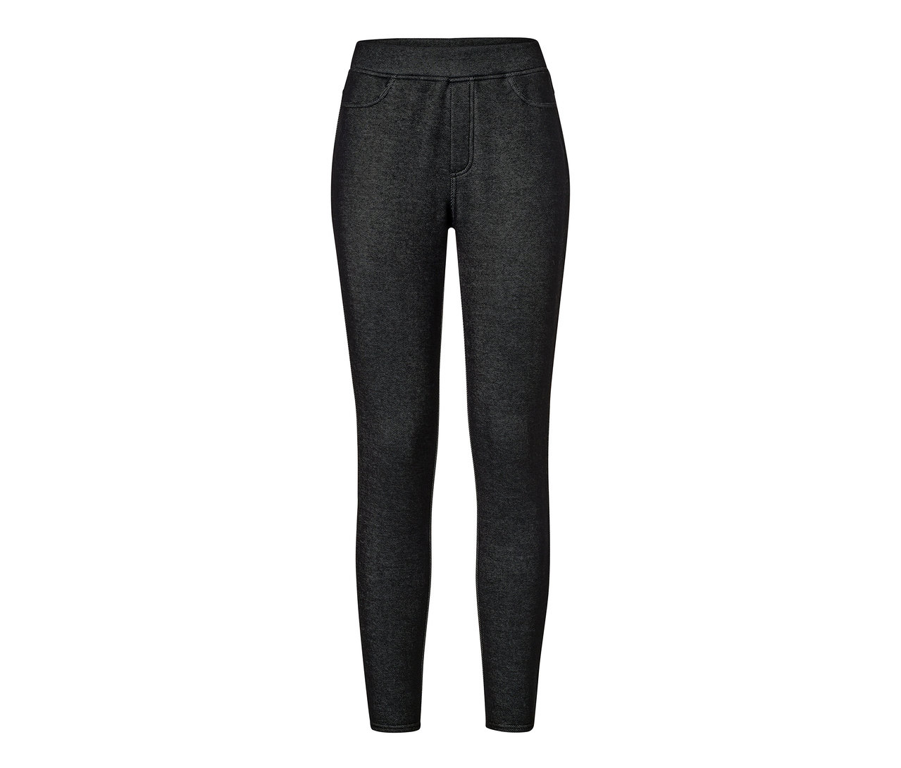Un legging doublé noir à l’aspect jean sur fond blanc.