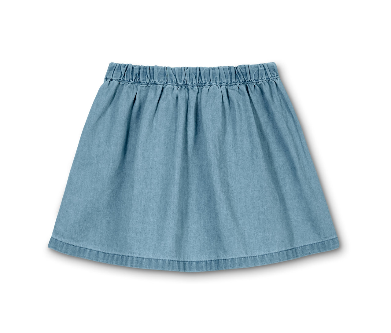 Une jupe en denim pour enfant avec une taille élastique sur fond blanc.