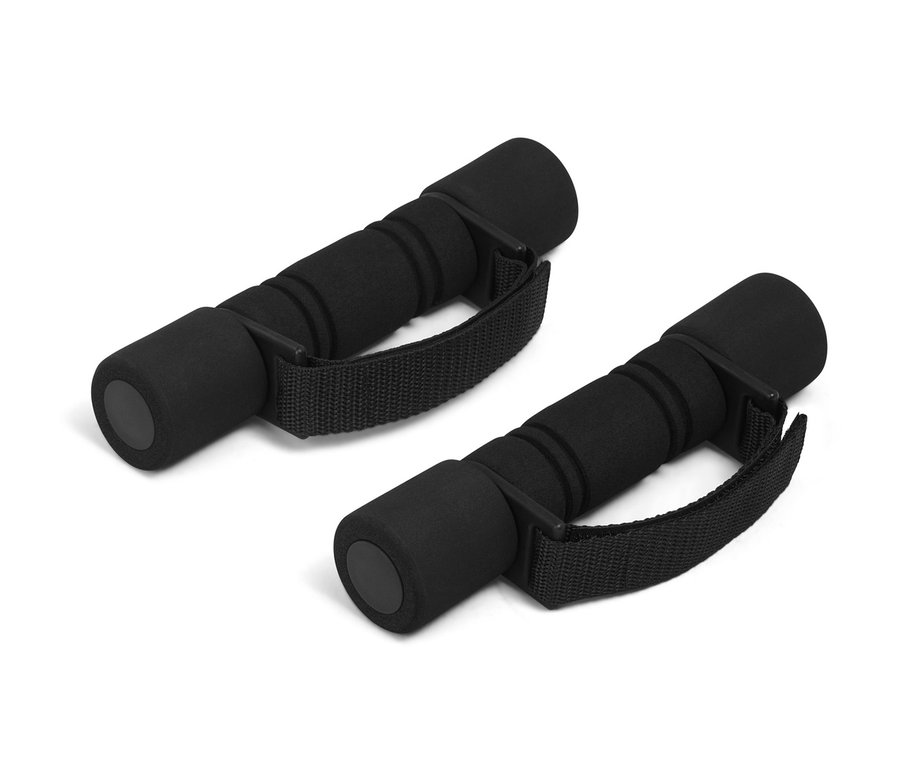 Deux haltères de course et de gymnastique noires sont posées sur un fond blanc.