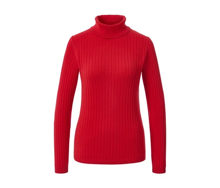 Pull à col roulé côtelé rouge.