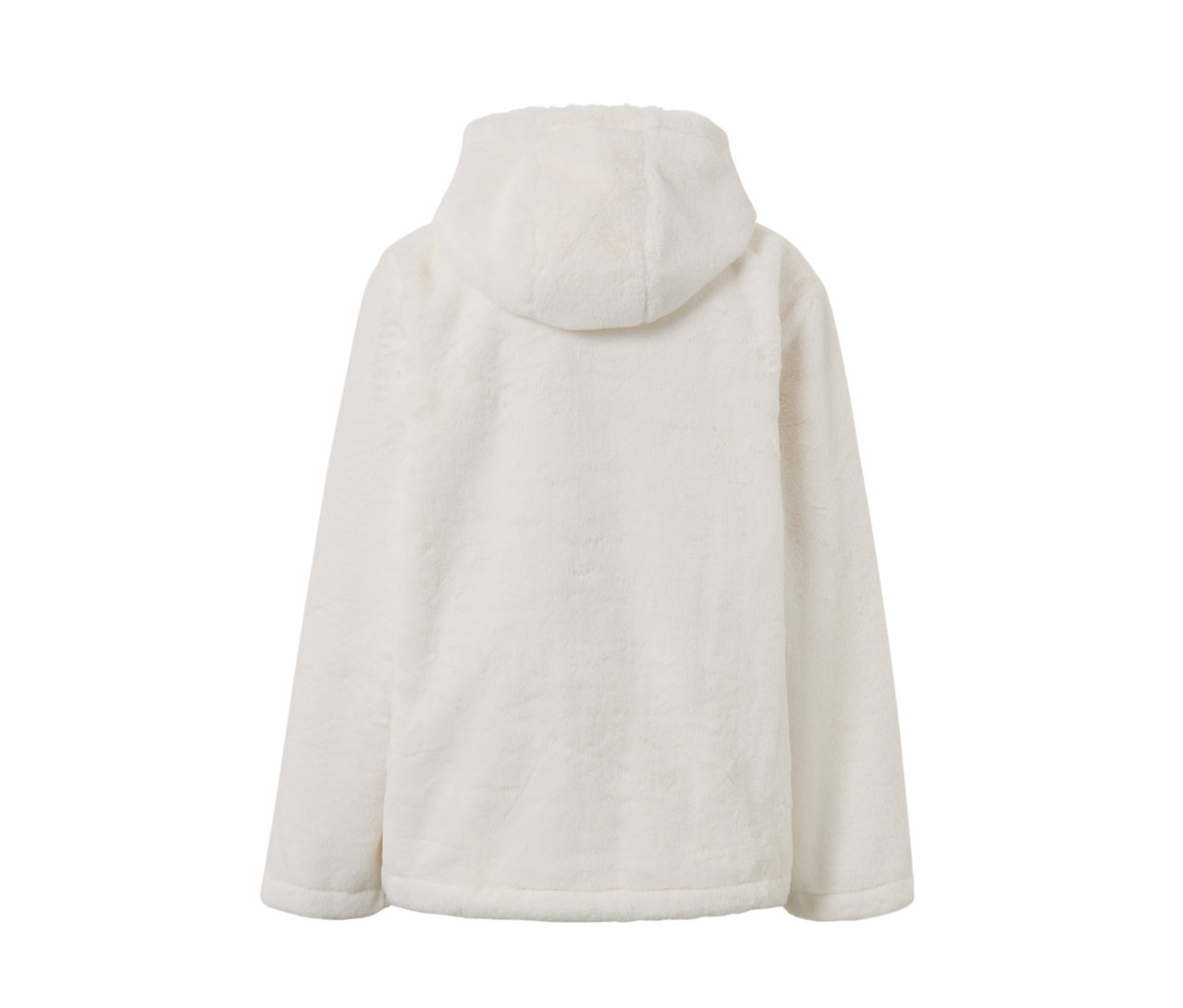 Vue arrière d'un pull chauffant à batterie blanc avec capuche.