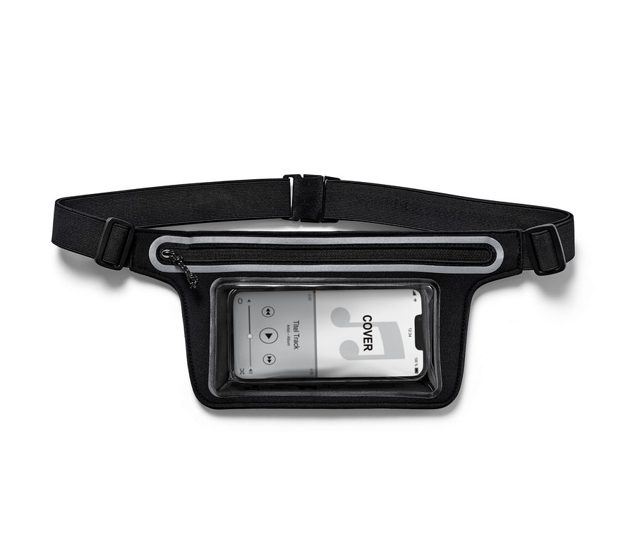 Ceinture de course noire pour smartphone avec une poche transparente pour téléphone.