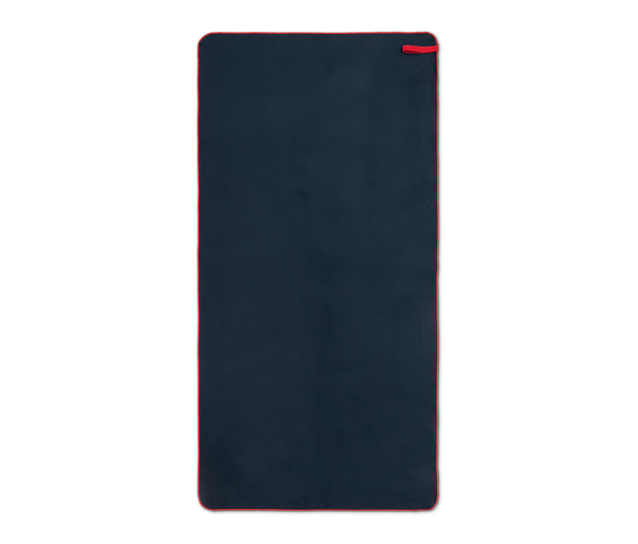 Couverture rectangulaire bleu foncé avec bordure rouge.
