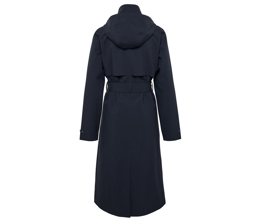 Manteau bleu marine avec capuche et ceinture, vu de dos.