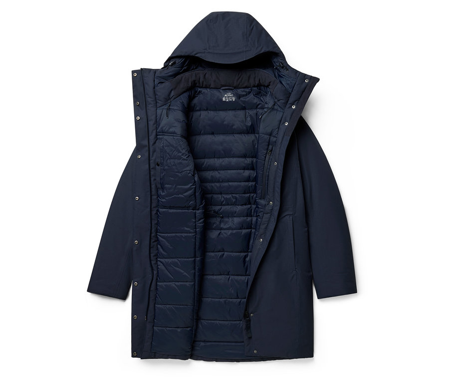 Veste bleu marine ouverte avec capuche et doublure intérieure matelassée.