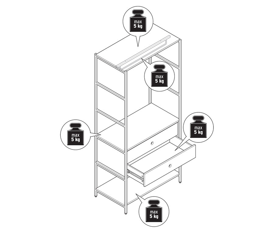 Un dessin au trait d'une armoire avec des étagères ouvertes et deux tiroirs. La charge maximale pour chaque compartiment et chaque tiroir est de 5 kg.