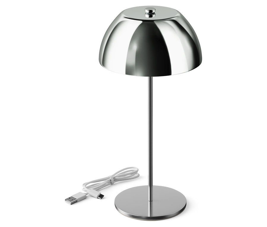 Lampe argentée avec abat-jour rond et câble USB.