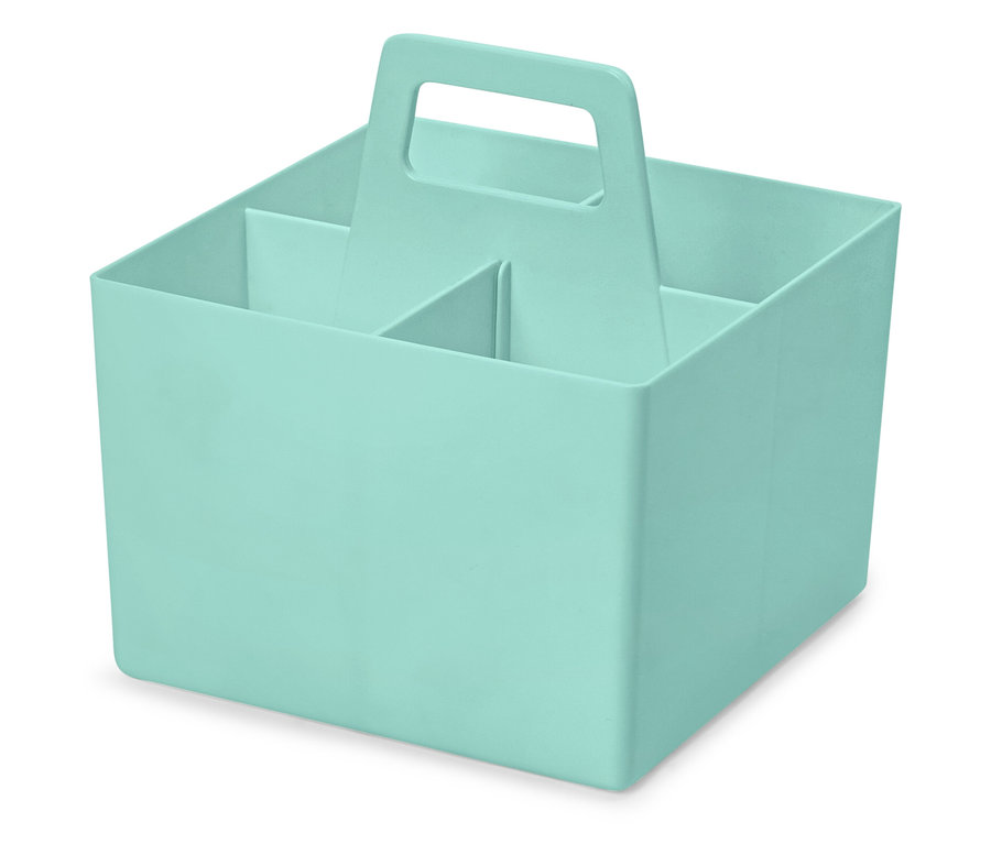 Boîte de rangement en plastique bleu clair avec poignée et quatre compartiments.