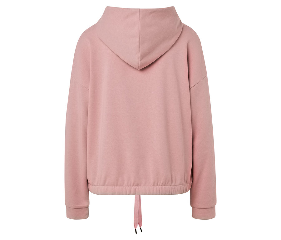 Vue arrière d'un sweat à capuche rose avec cordon de serrage.
