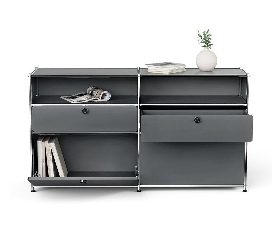 Système de rangement modulaire gris avec étagères ouvertes et fermées et tiroirs.