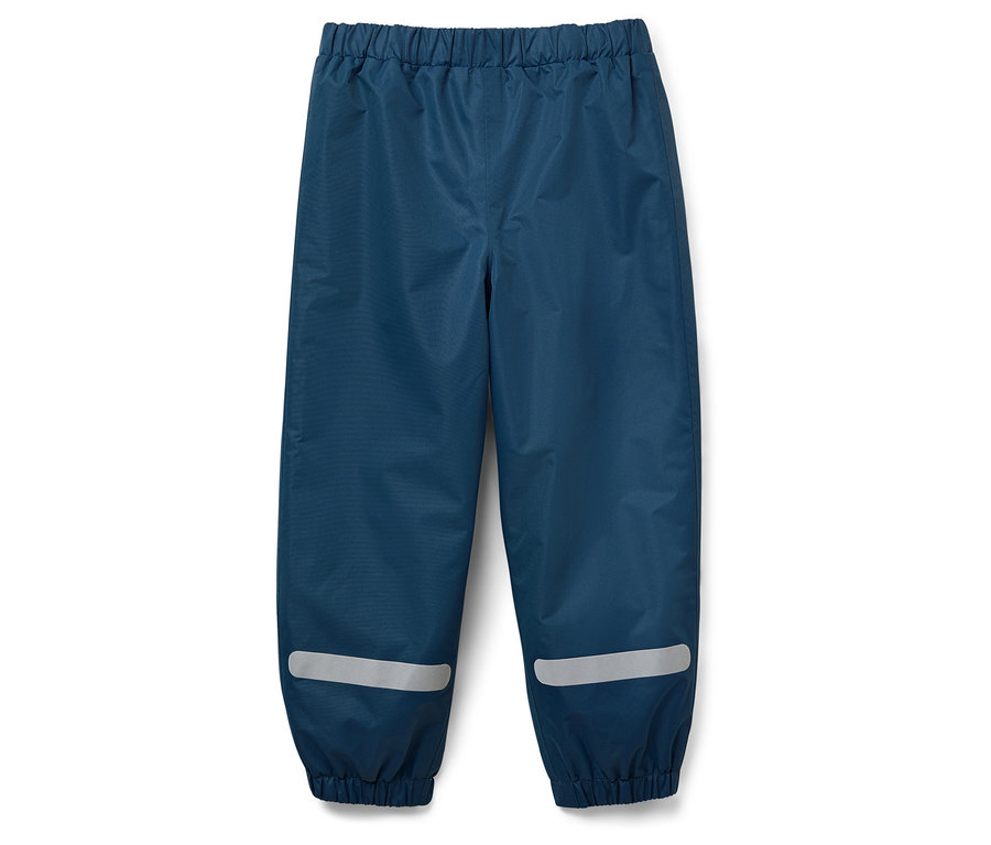 Pantalon de pluie bleu avec taille élastique et bandes réfléchissantes sur les jambes.