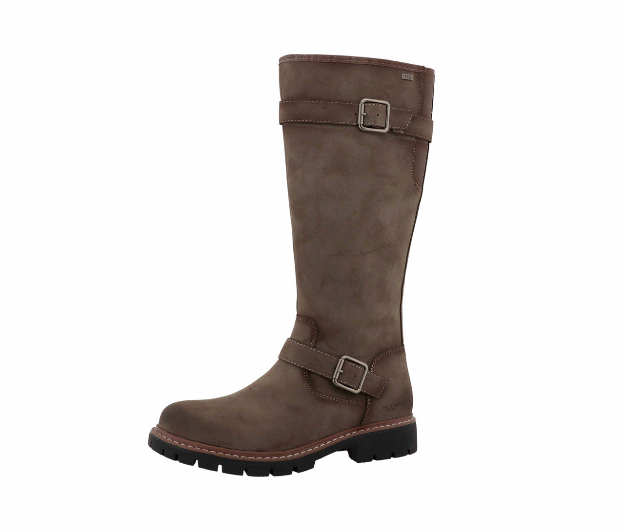 Botte marron Tom Tailor avec boucles sur fond blanc.