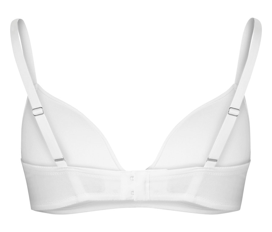 Vue arrière d'un soutien-gorge blanc avec bretelles réglables et fermeture à agrafes.