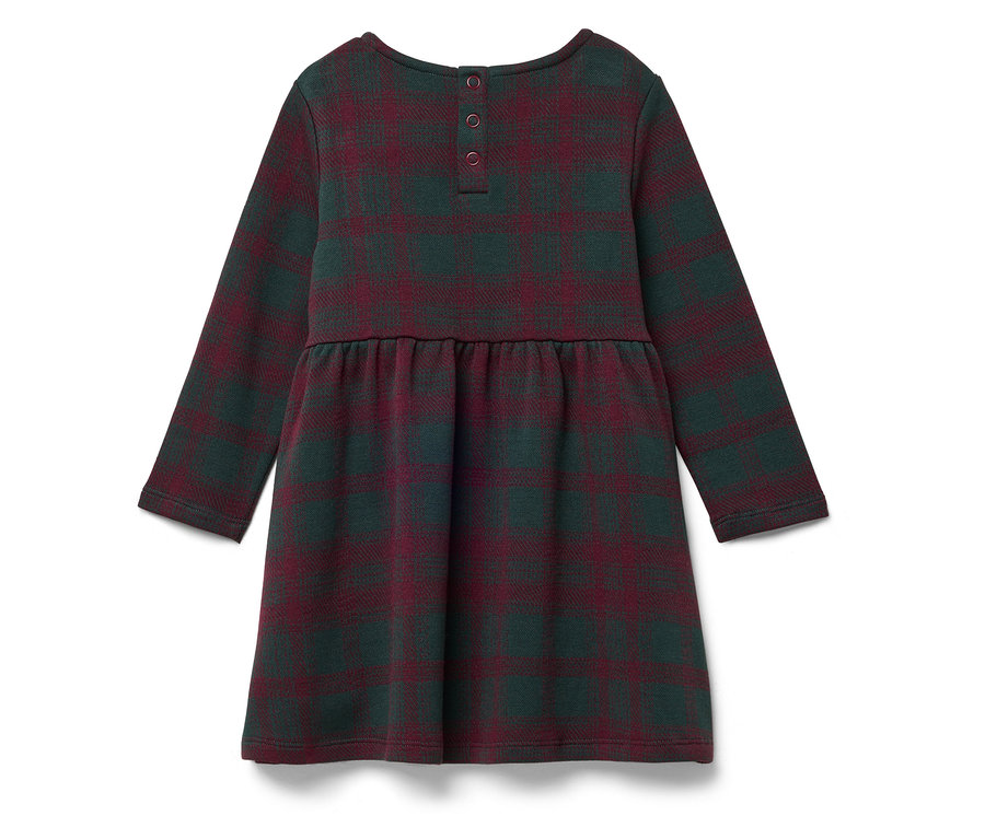 Vue arrière d'une robe à manches longues avec un motif à carreaux dans les tons de vert et de rouge.