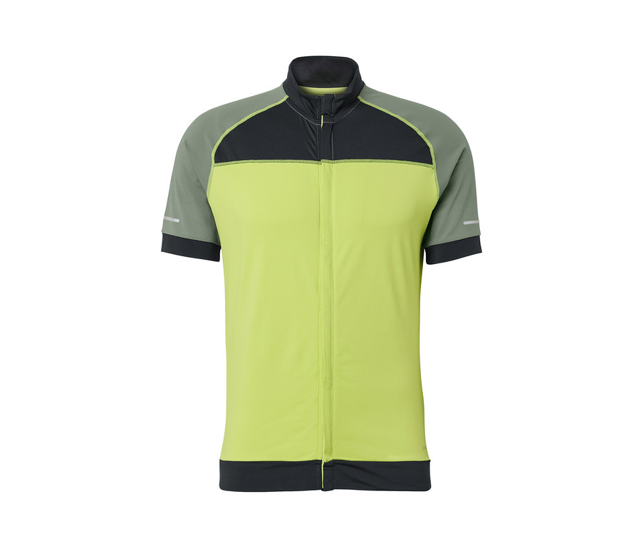 Maillot de cyclisme jaune à manches courtes avec fermeture éclair et détails noirs.