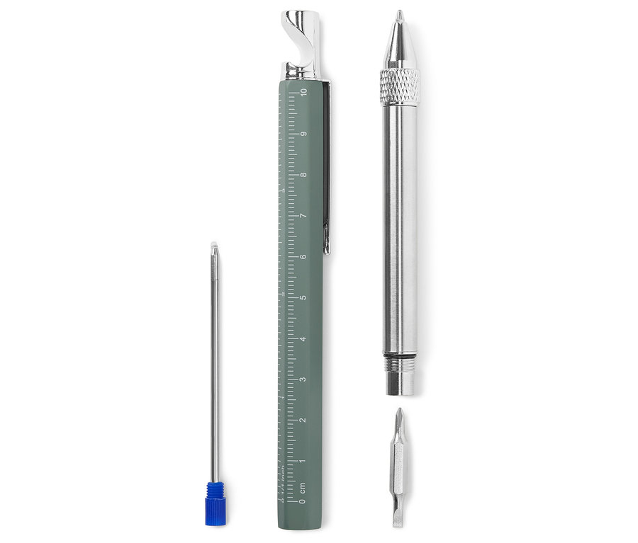 Stylo multifonction démonté avec accessoires.