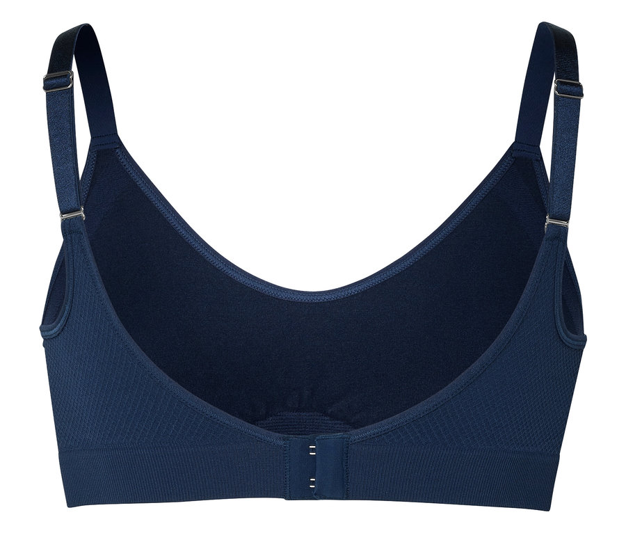Vue arrière d'un soutien-gorge bleu marine avec bretelles réglables.