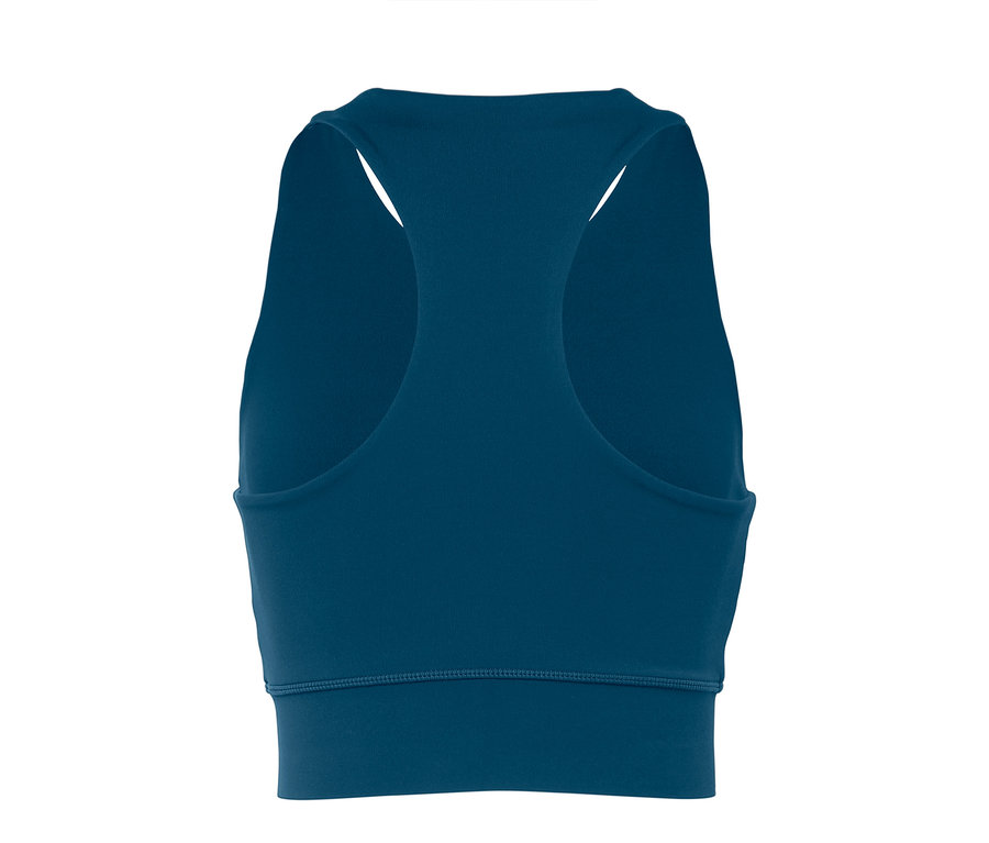 Gros plan d'une brassière de sport bleue avec dos nageur.
