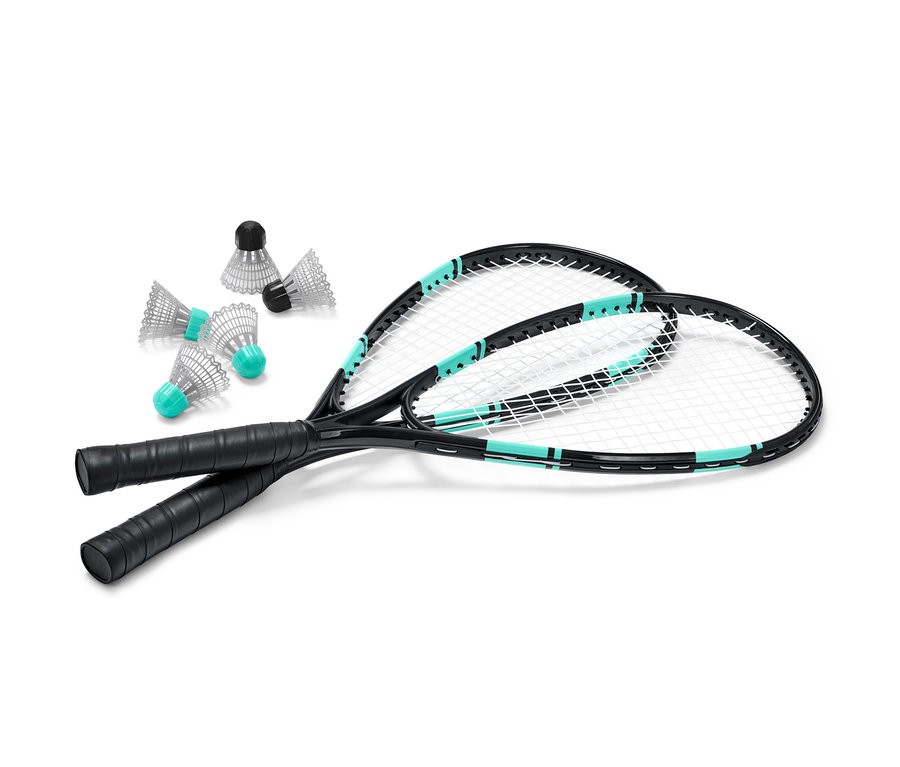 Deux raquettes de badminton turbo noires et cinq volants.