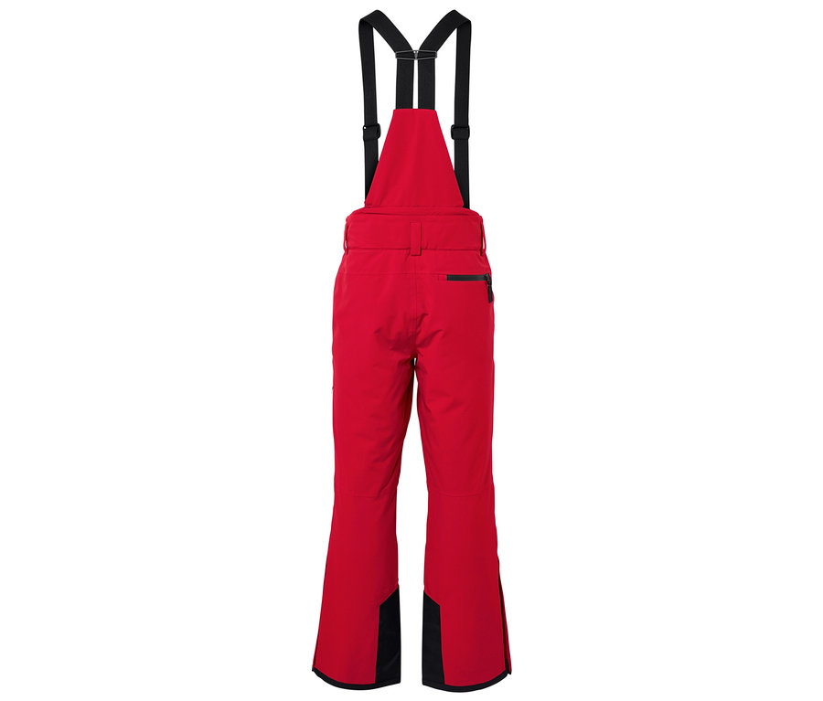 Pantalon de ski rouge avec des bretelles noires.
