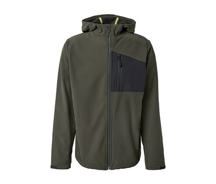 Veste en softshell verte avec fermeture éclair et capuche.