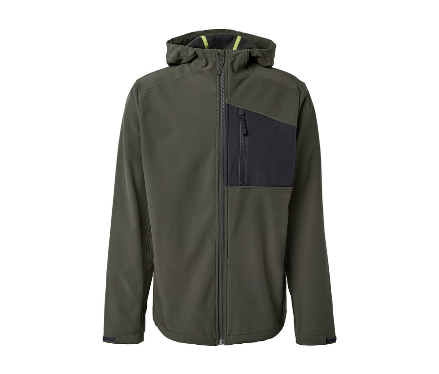 Veste en softshell verte avec fermeture éclair et capuche.