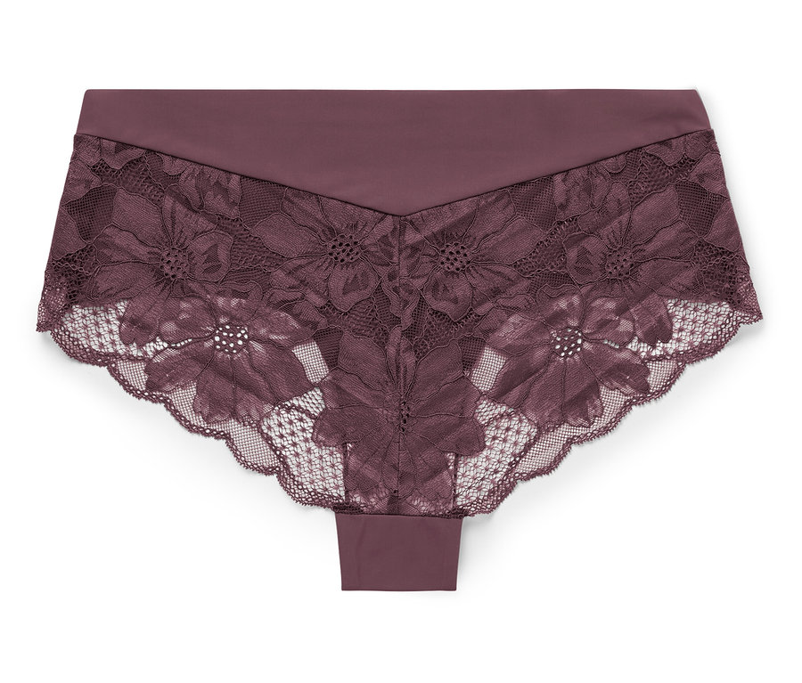 Une culotte bordeaux avec de la dentelle florale sur un fond blanc.