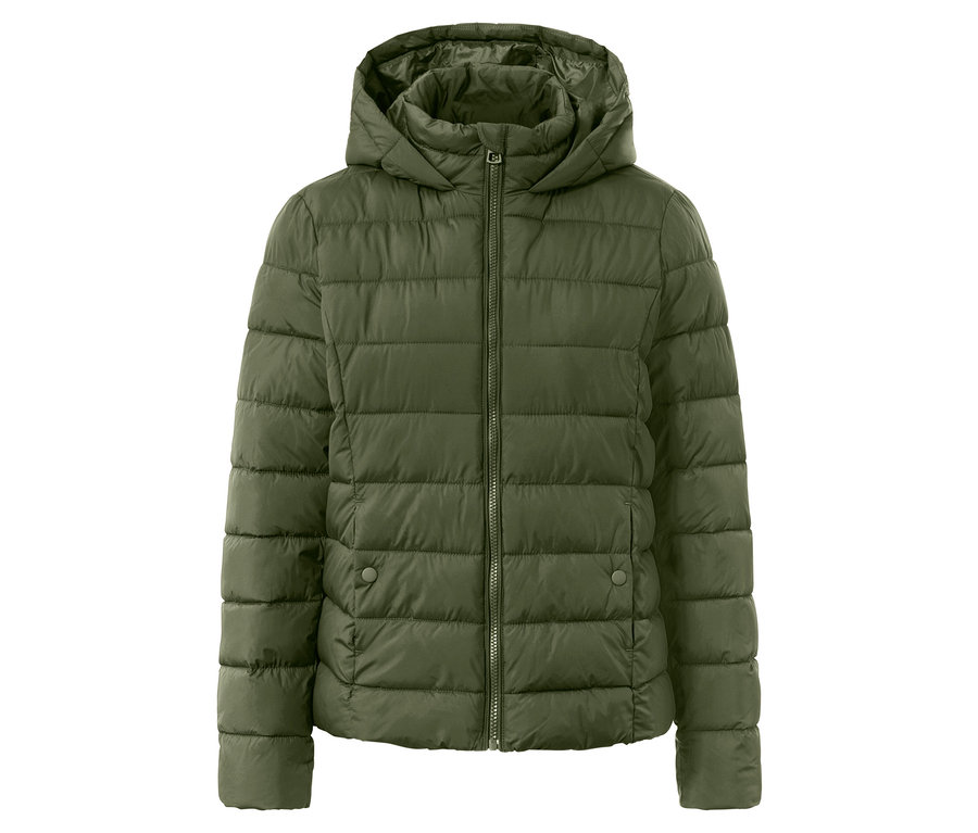 Veste matelassée à capuche verte avec fermeture éclair.