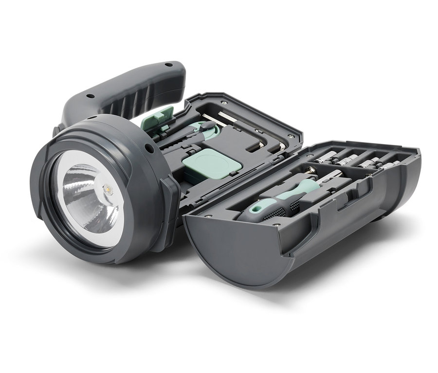 Lampe multifonction LED grise 17-en-1 avec étui de tournevis ouvert.