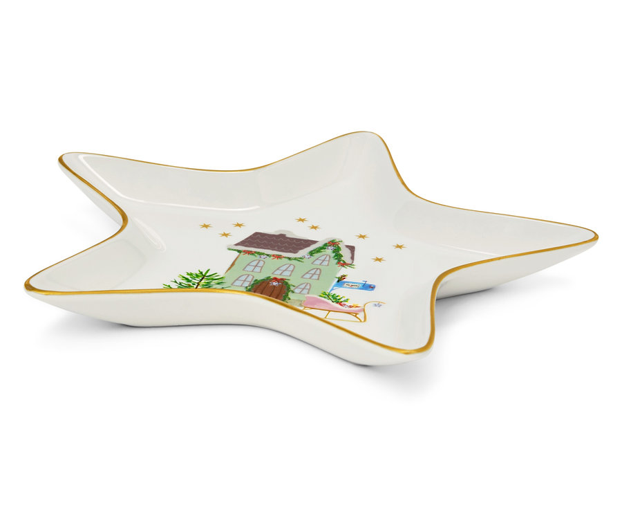 Bol décoratif en forme d'étoile avec un motif de Noël représentant une maison, un arbre et un traîneau.