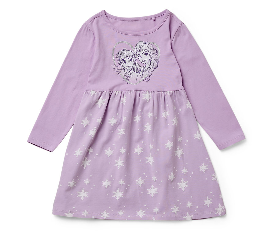 Robe violette à manches longues avec un imprimé d'Elsa et Anna du film La Reine des neiges et des flocons de neige blancs.