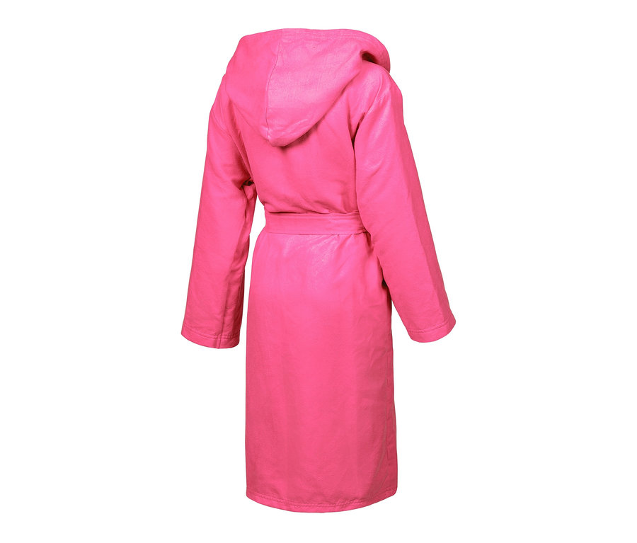 Vue arrière du peignoir en microfibre arena Zeal pour enfant, rose vif, avec capuche et ceinture.