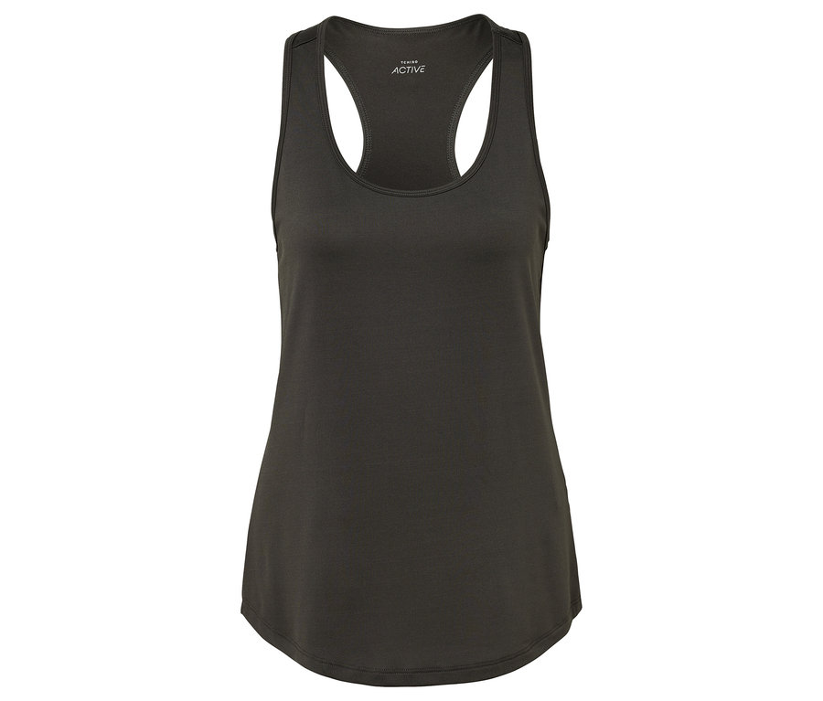 Débardeur de sport gris foncé à fines bretelles.