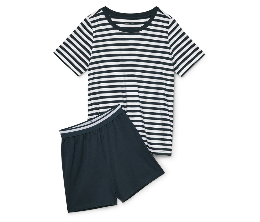 T-shirt rayé à manches courtes et short bleu marine.