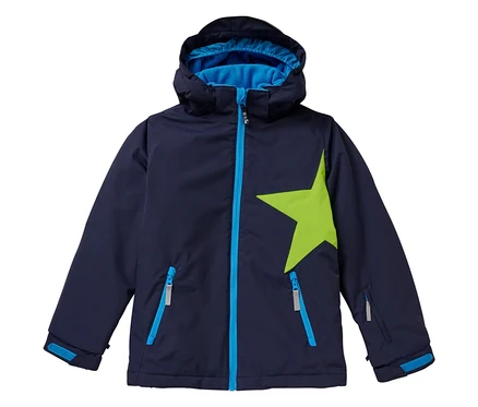 Veste de neige marine JAKO-O avec capuche et étoile verte sur le devant.