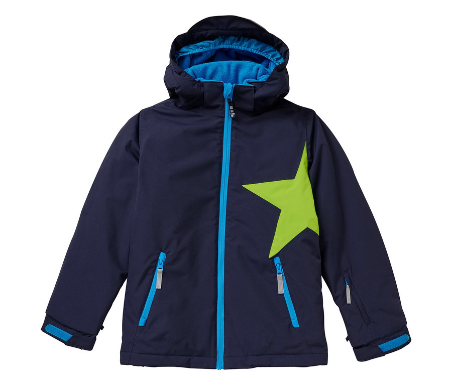 Veste de neige marine JAKO-O avec capuche et étoile verte sur le devant.