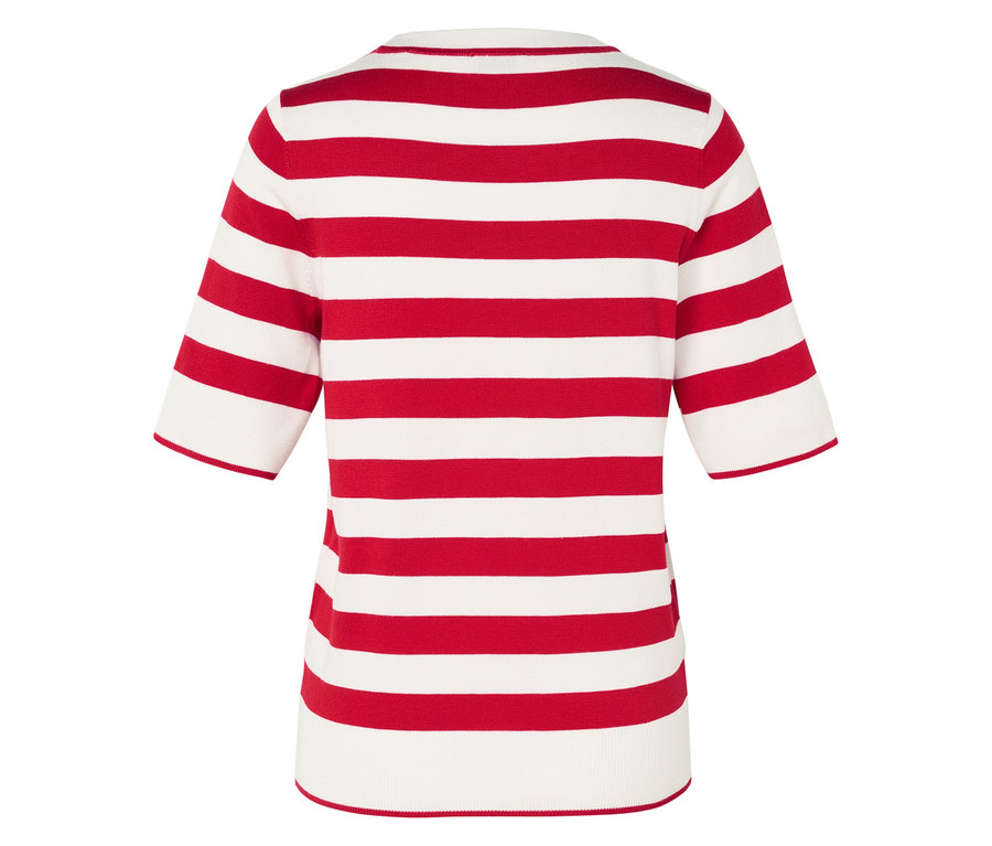 Vue arrière d'un t-shirt rayé rouge et blanc pour femme.