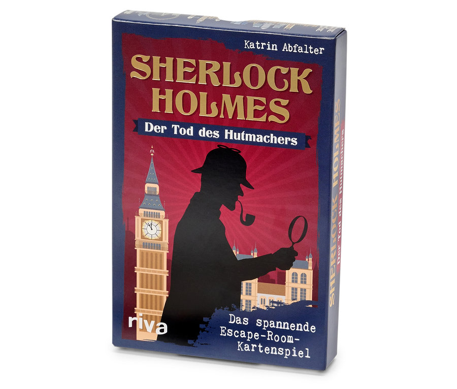 Une boîte d'un jeu de cartes Sherlock Holmes : La mort du chapelier. La boîte montre une silhouette de Sherlock Holmes avec une pipe et une loupe devant le bâtiment du Parlement.